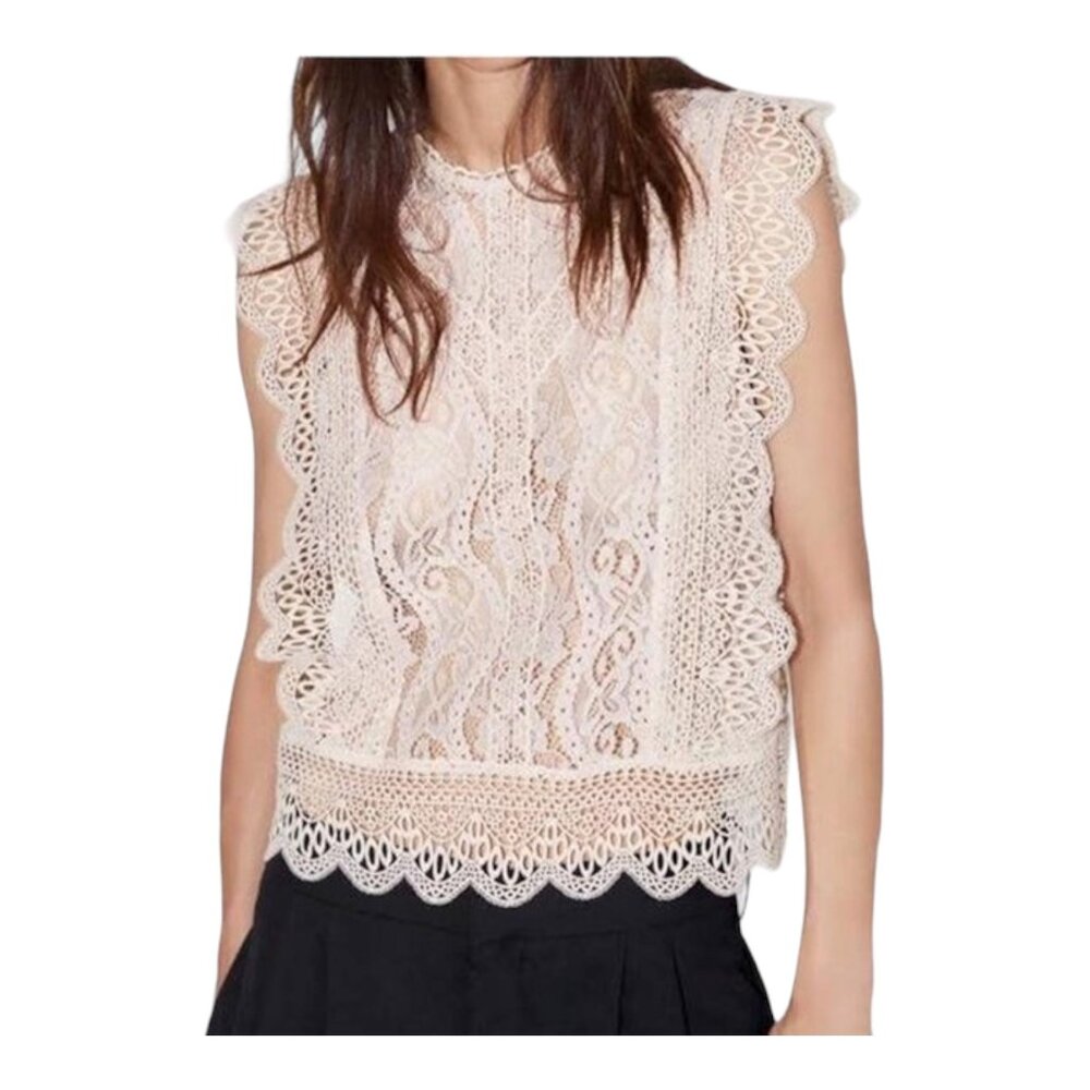ZARA Lace Embroidered Blouse Cream Crop Top Size XL